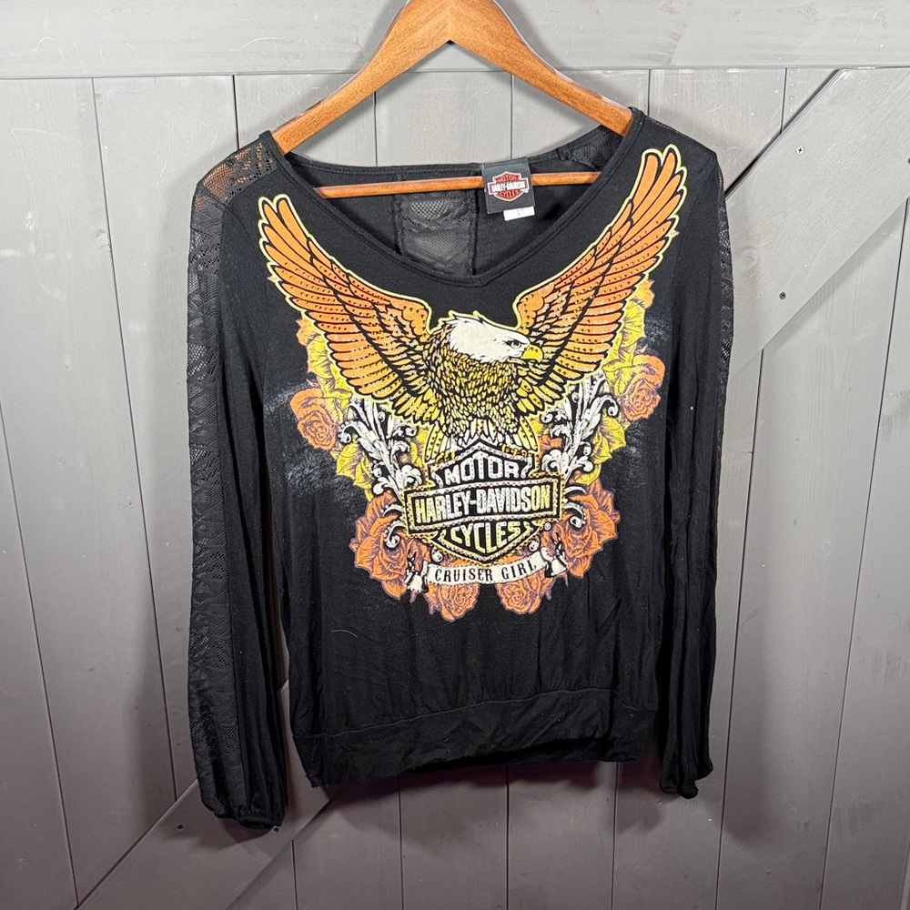 Harley-Davidson Women's Black and Orange Graphic Bling Rhinestones & Lace